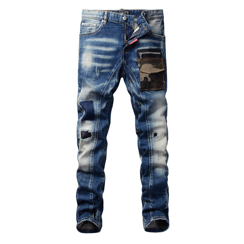 Men's Vintage Patchwork Ripped Slim Jeans