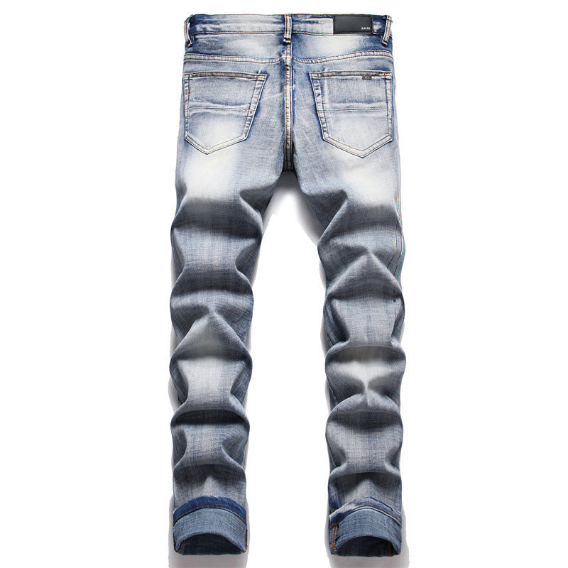 Men's Embroidery Hole Patch Stretch Slim Jeans