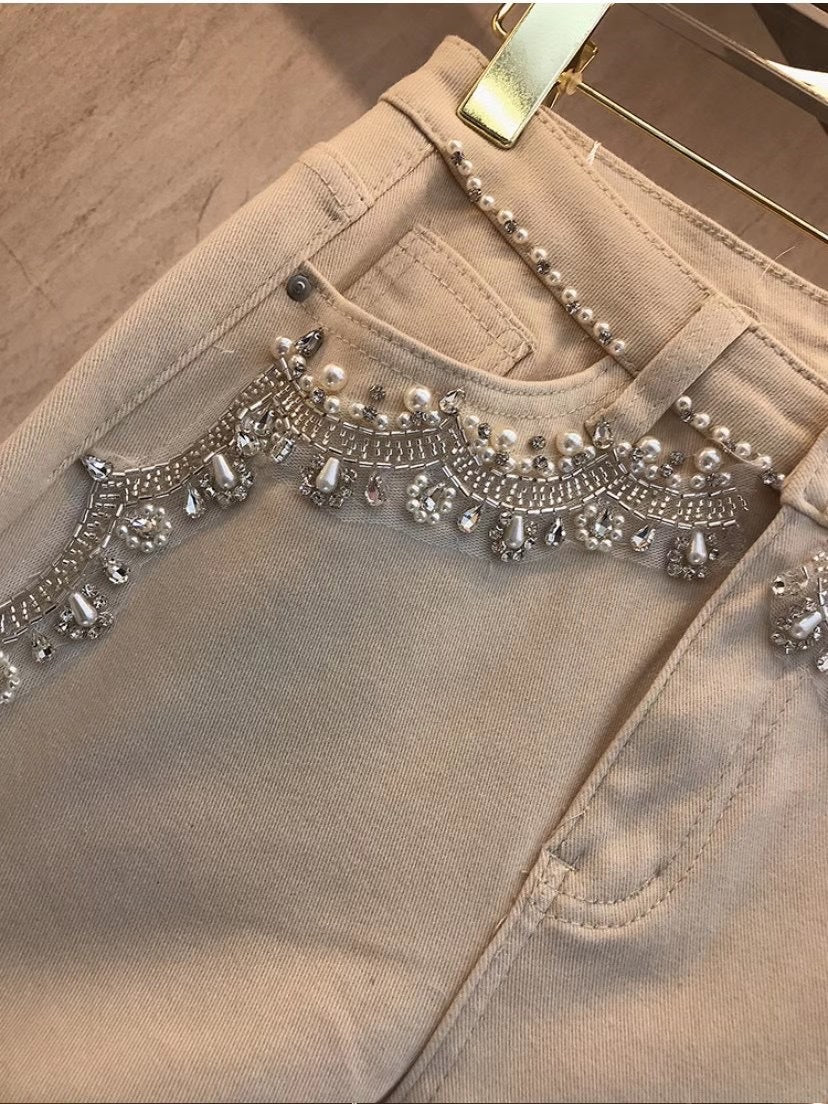 Heavy Industry Beaded High Waist Slim And Velvet Foot Pants
