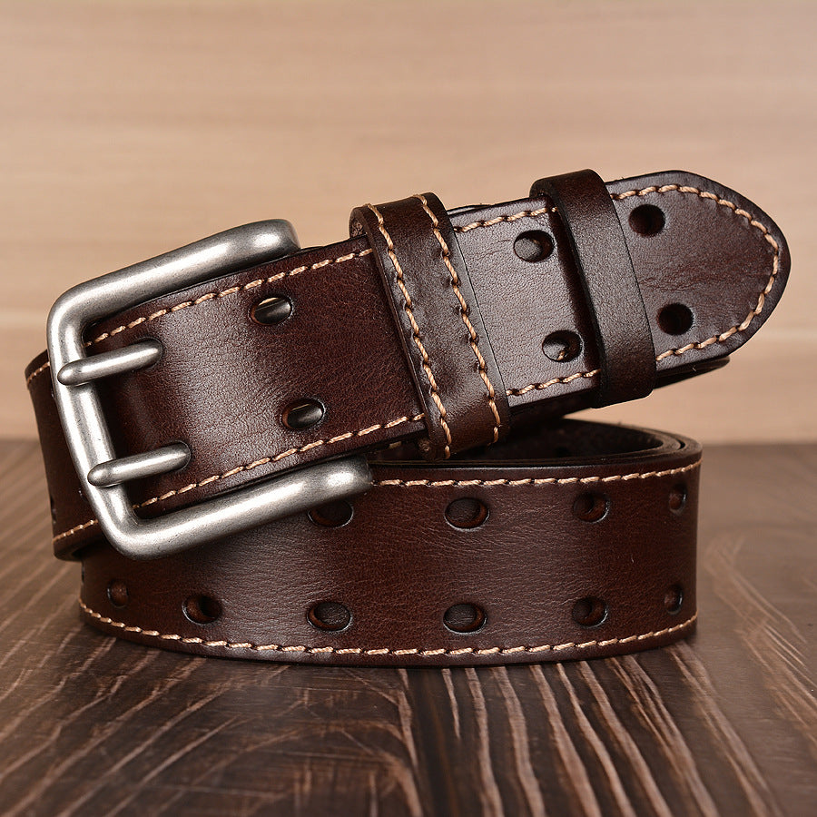Double Pin Buckle First Layer Cowhide Belt Fashion Belt Men's Cowhide Belt Men's Casual Jeans Strap