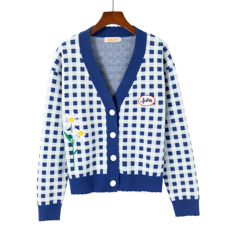 Blue Plaid Jacquard Cardigan