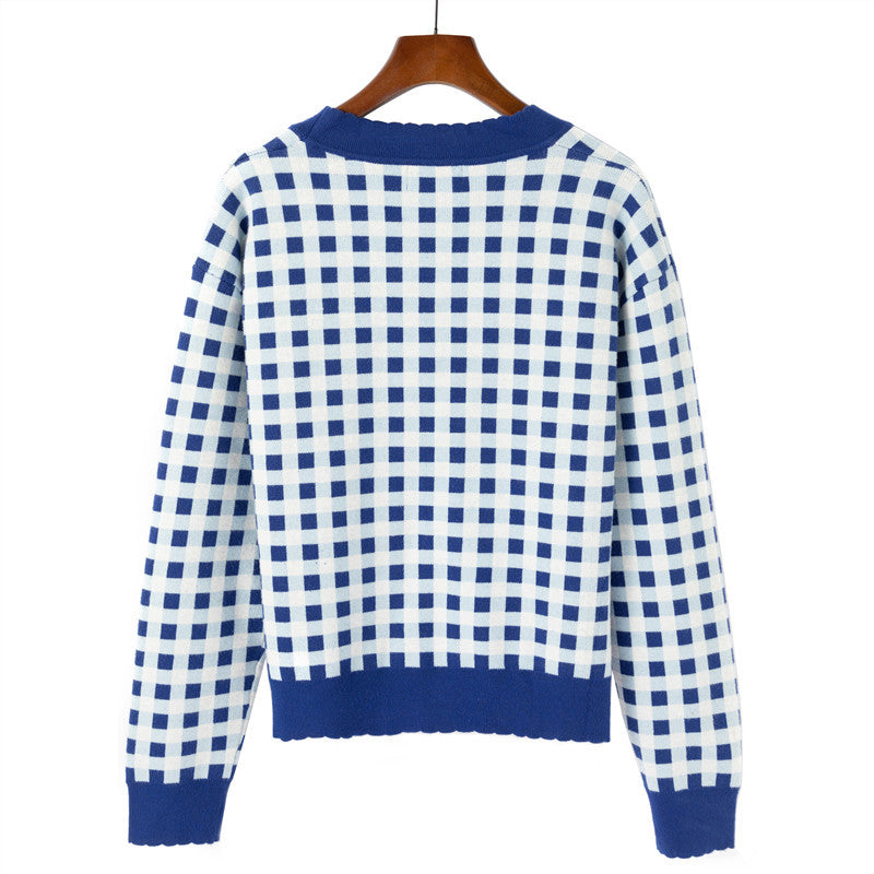 Blue Plaid Jacquard Cardigan
