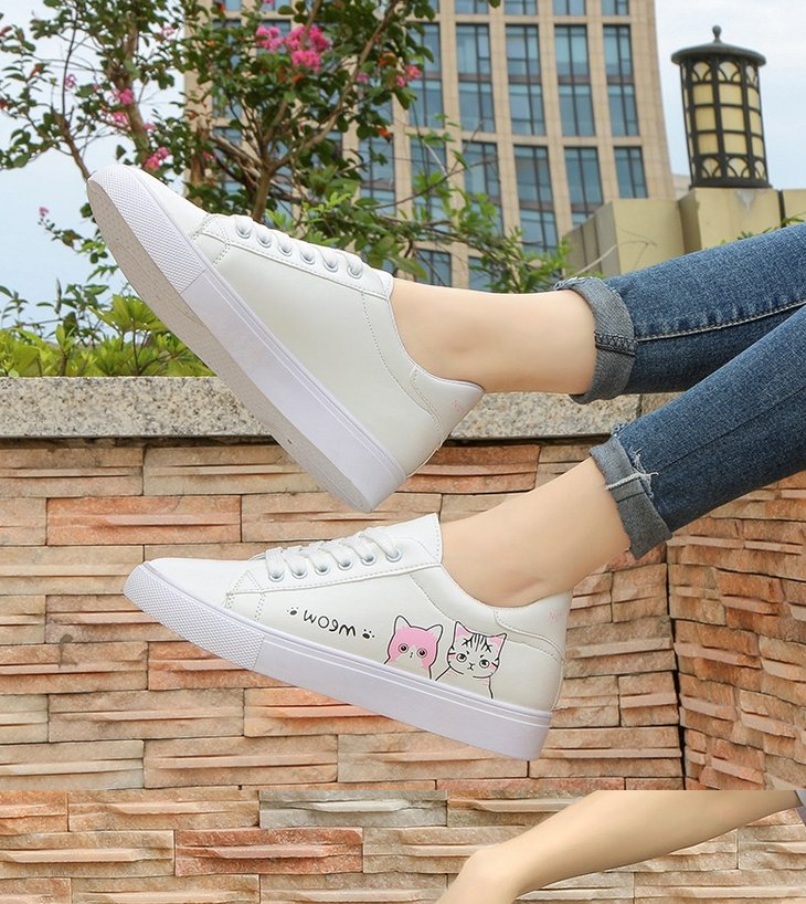 Printed casual shoes women's pu shoes cute cat 2021 new fashion lace women's white sports shoes women's casual shoes