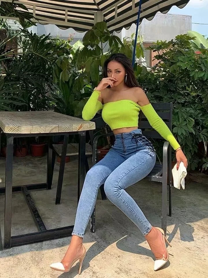 High waist stretch denim trousers skinny pants