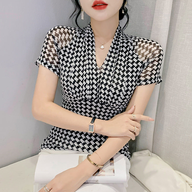 Houndstooth Bright Silk V-neck Short-sleeved T-shirt For Women