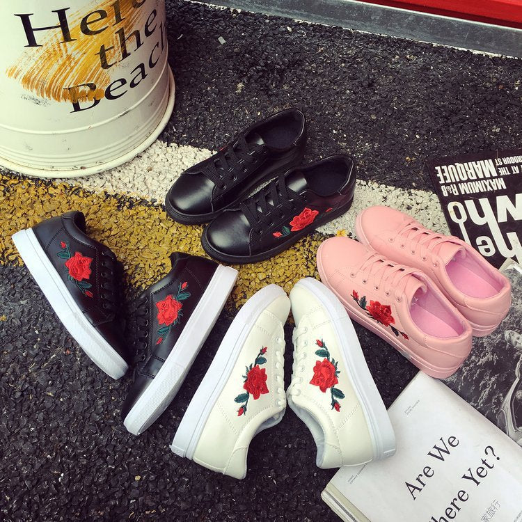 Rose embroidered little white shoes