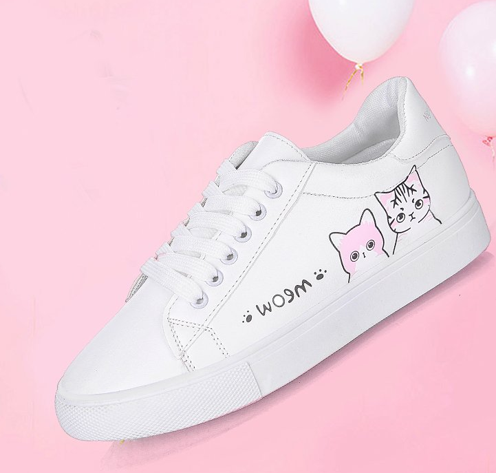 Printed casual shoes women's pu shoes cute cat 2021 new fashion lace women's white sports shoes women's casual shoes