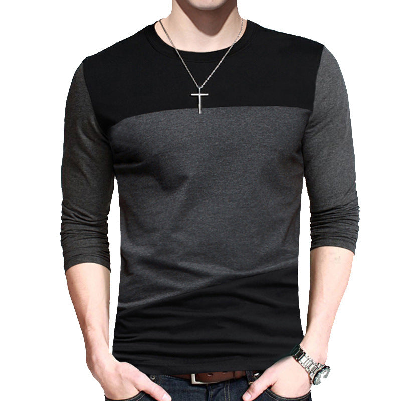 Large Size Men's Round Neck Contrast Stitching Long-Sleeved Shirt Slim Fit