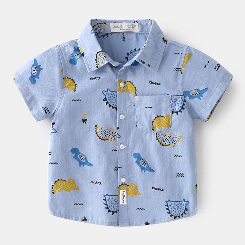 Korean Style Full Print Cartoon Summer Clothes Short-Sleeved Baby Lapel Top