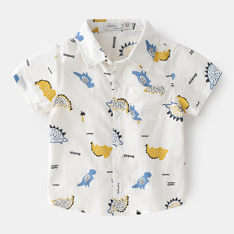 Korean Style Full Print Cartoon Summer Clothes Short-Sleeved Baby Lapel Top