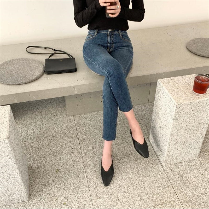 Women's Dark Blue Jeans Loose Korean Style Straight Cropped Cropped High-Waisted Velvet Pipe Trousers With Raw Edge Cropped Trousers