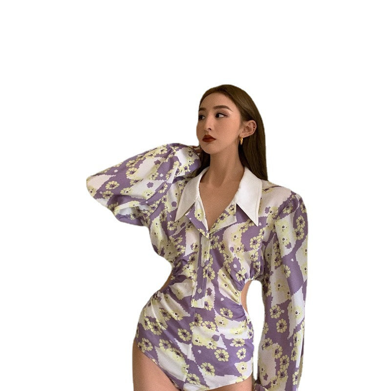 Shirt Women's Lapel Open Waist One-Piece Shirt Summer Long Sleeves
