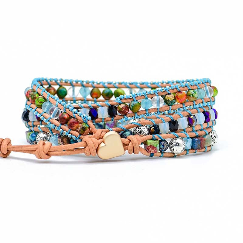 Egg Shaped Colorful Imperial Stone Cowhide Woven Bracelet Crystal Beads Hand Woven Bracelet