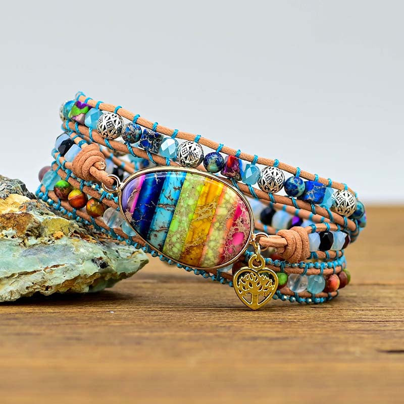 Egg Shaped Colorful Imperial Stone Cowhide Woven Bracelet Crystal Beads Hand Woven Bracelet