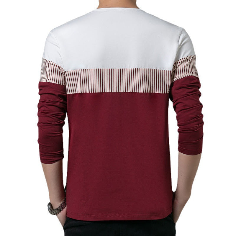 Men's Fake Pocket Slim Vertical Stripes Color Blocking Long Sleeve Casual T-Shirt