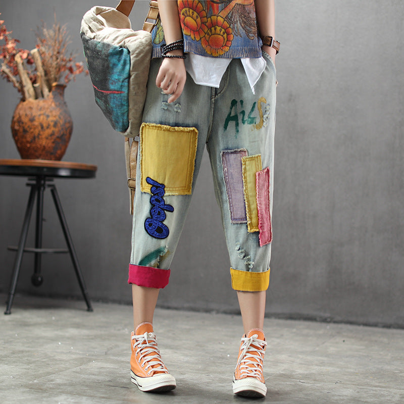 Summer Thin Light-colored Denim Cropped Trousers Patch