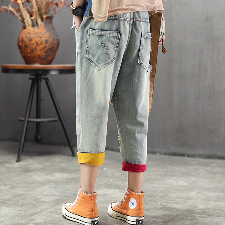 Summer Thin Light-colored Denim Cropped Trousers Patch