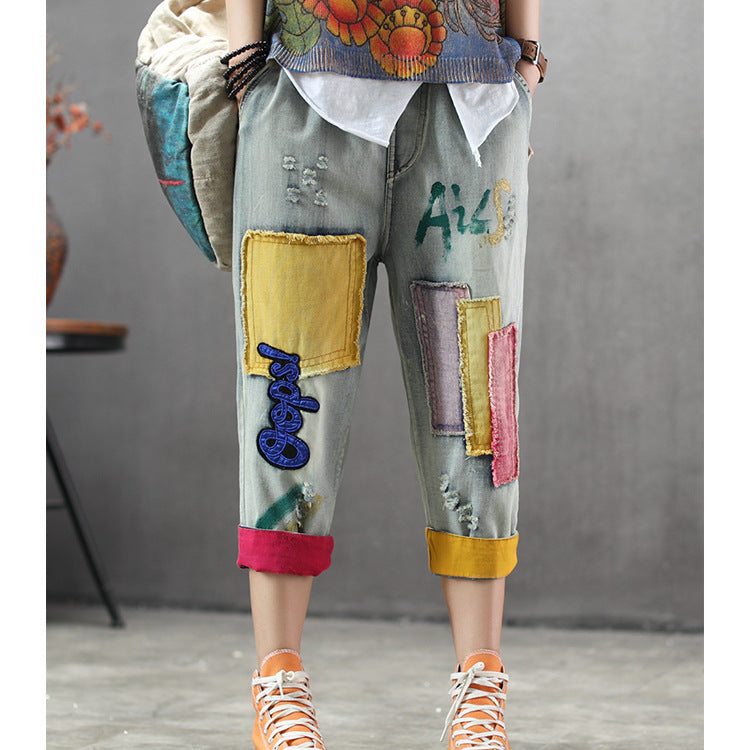 Summer Thin Light-colored Denim Cropped Trousers Patch