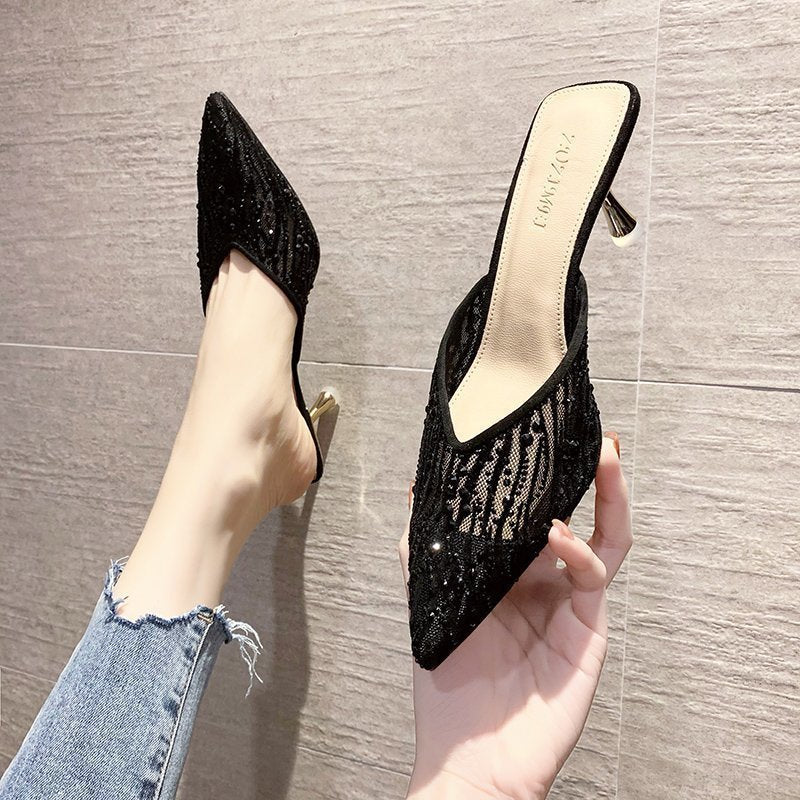 Baotou Net Yarn High-Heeled Half Slippers Female