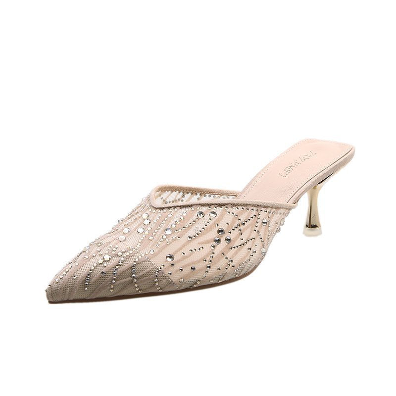 Baotou Net Yarn High-Heeled Half Slippers Female