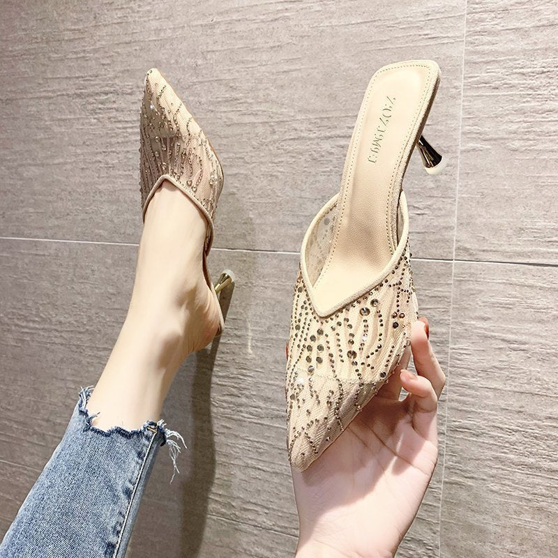 Baotou Net Yarn High-Heeled Half Slippers Female