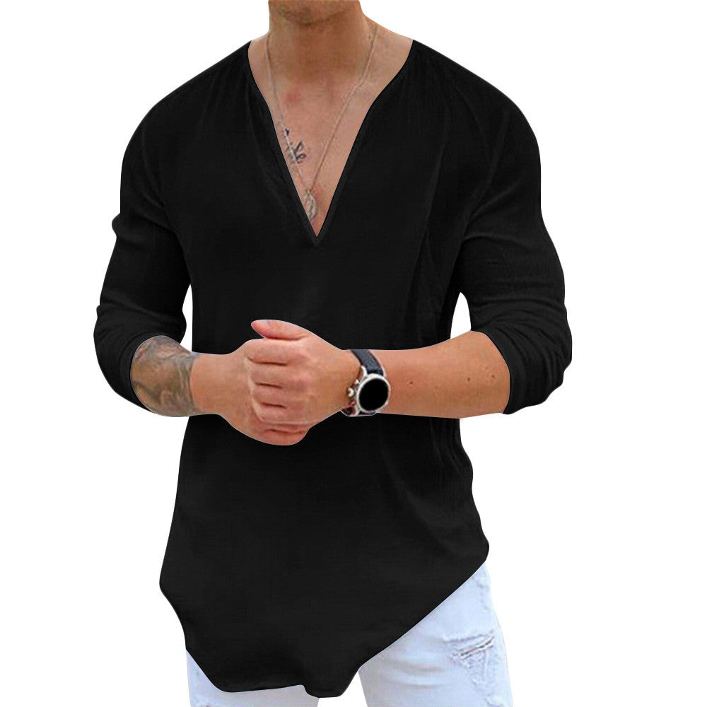 Pure Color Youth Collarless Long Sleeved Casual Slim Fit Top T Shirt