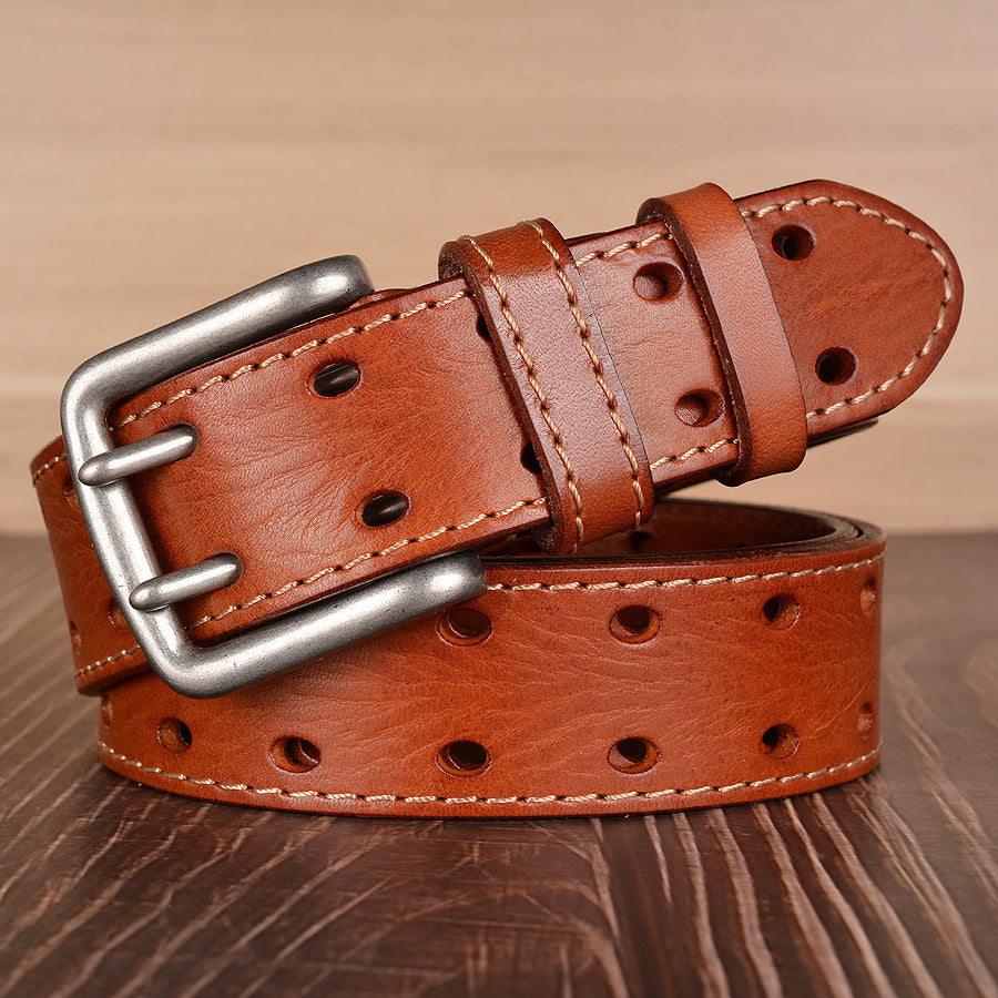Double Pin Buckle First Layer Cowhide Belt Fashion Belt Men's Cowhide Belt Men's Casual Jeans Strap