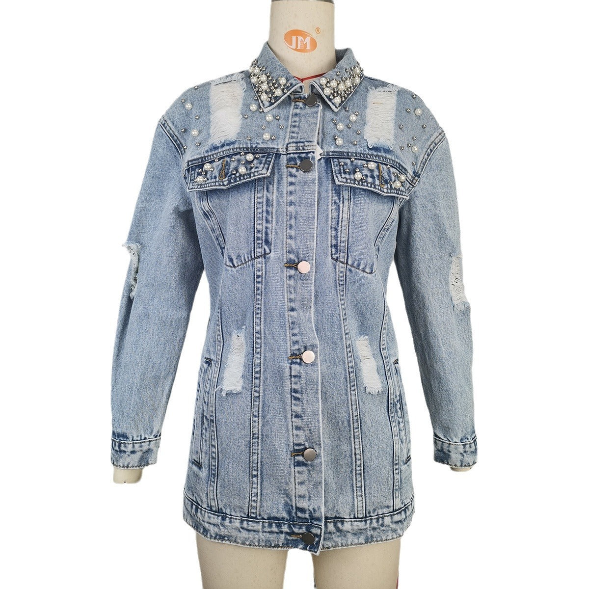 Fashion Solid Color Ripped Mid-length Denim Jacket