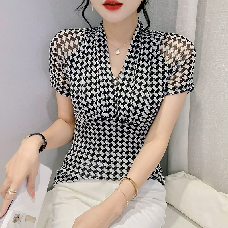 Houndstooth Bright Silk V-neck Short-sleeved T-shirt For Women