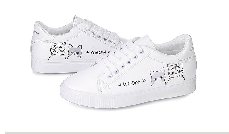 Printed casual shoes women's pu shoes cute cat 2021 new fashion lace women's white sports shoes women's casual shoes