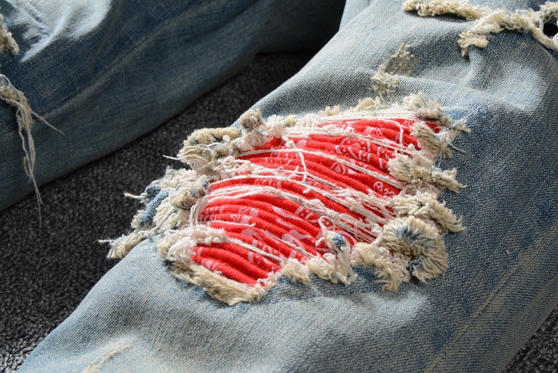 Men's Pleated Color Block Jeans Youth Slim-Fit Pants