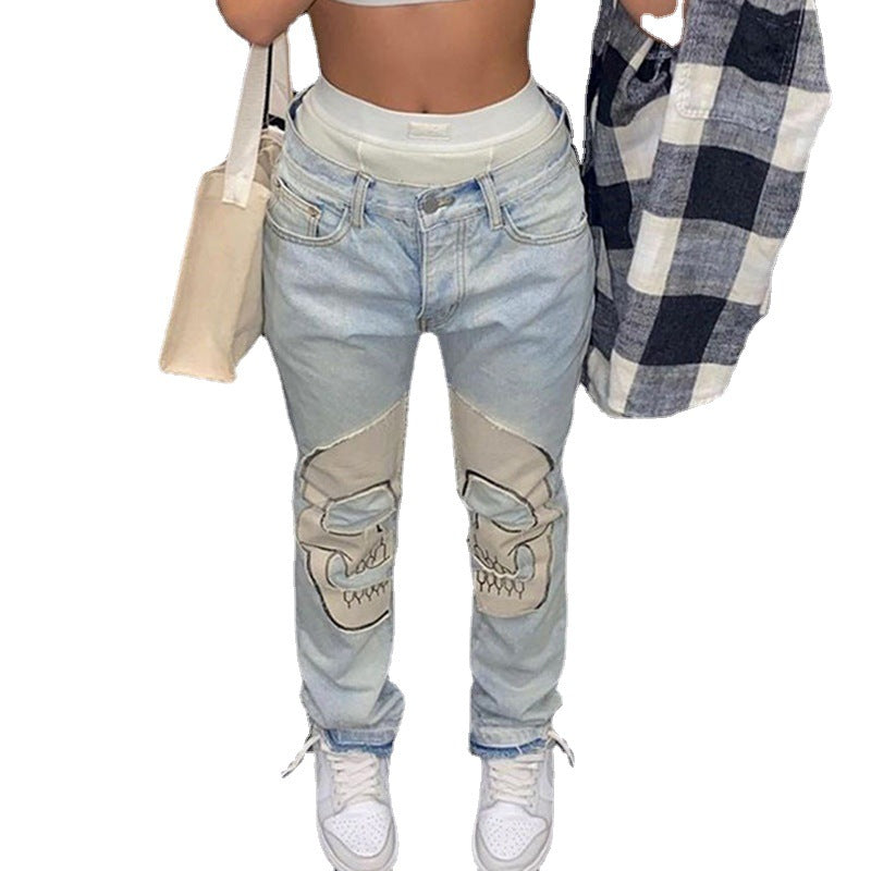 Vintage Skull Print Jeans Women's High Waist