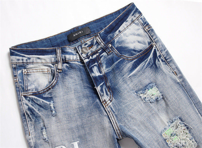 Men's Embroidery Hole Patch Stretch Slim Jeans