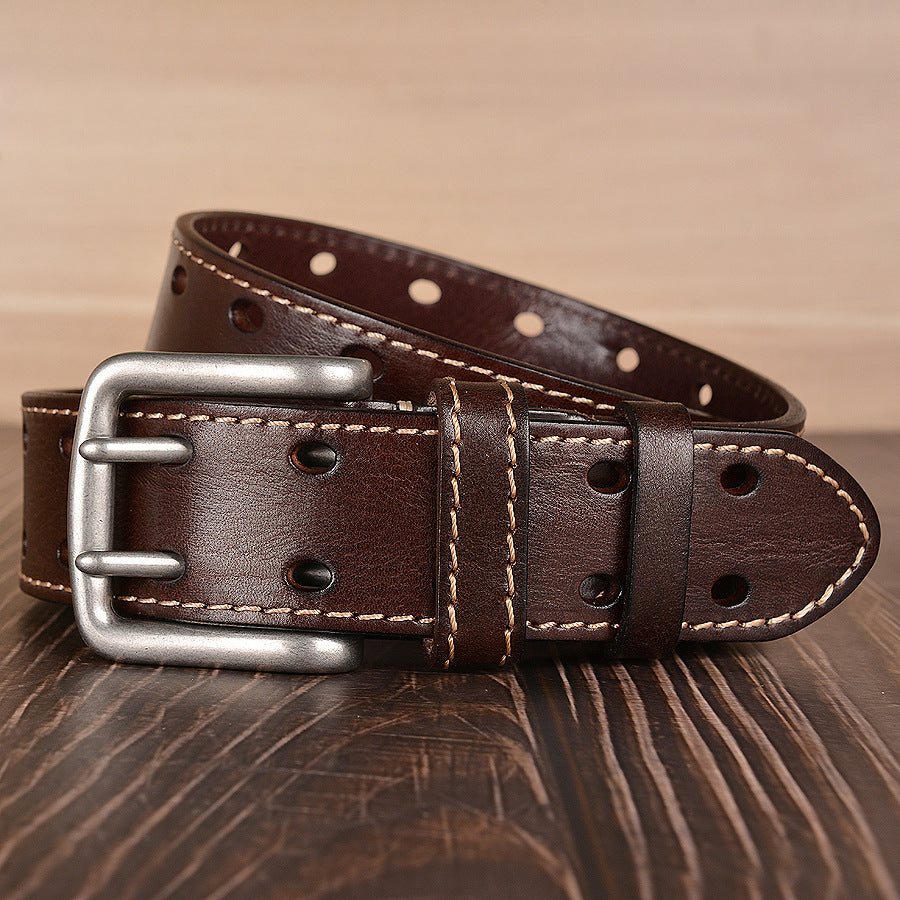 Double Pin Buckle First Layer Cowhide Belt Fashion Belt Men's Cowhide Belt Men's Casual Jeans Strap