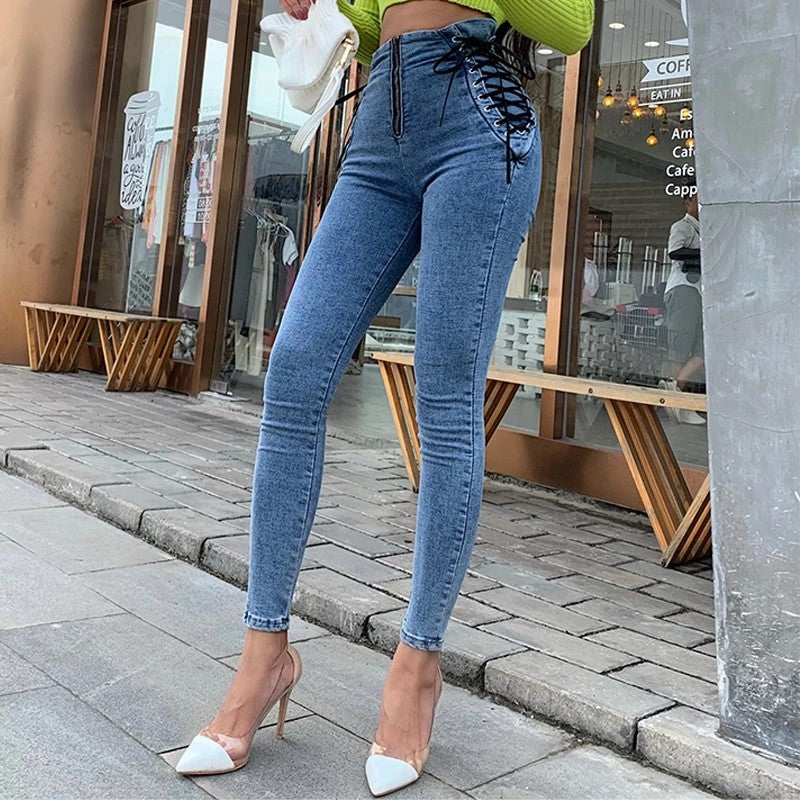 High waist stretch denim trousers skinny pants