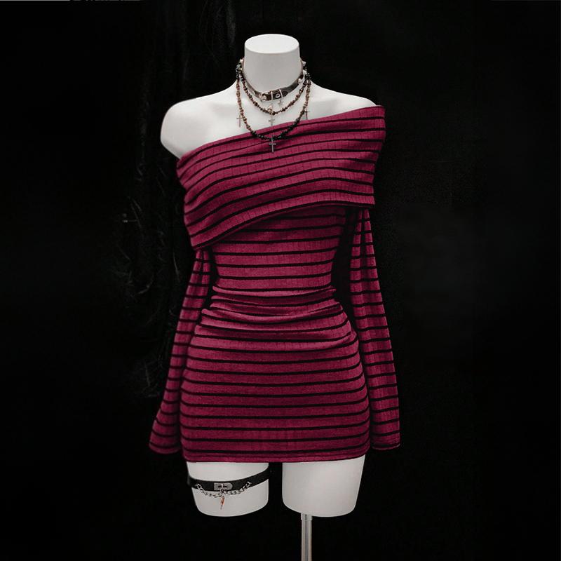 Women's Striped Off-Shoulder Bodycon Dress, Long Sleeve Sexy Mini Dress