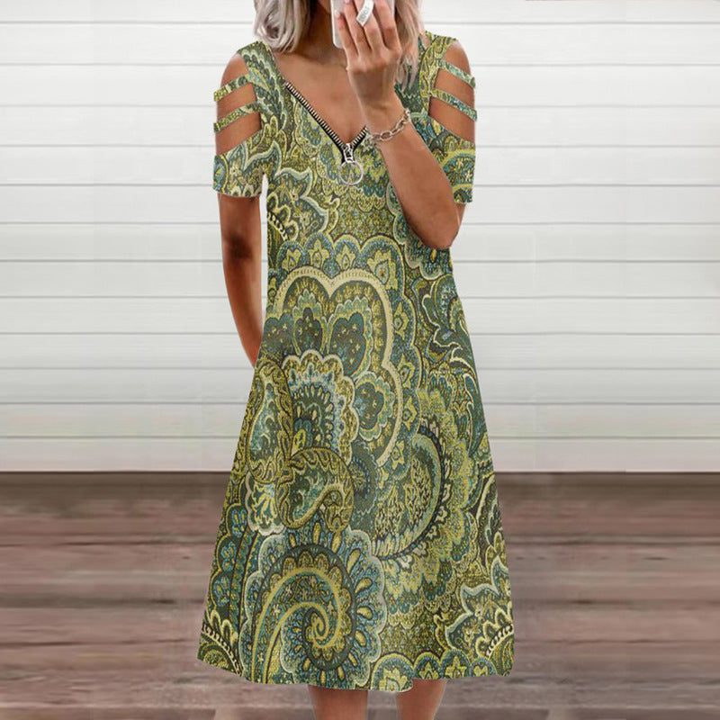 Short Sleeve Zipper V-neck Dress