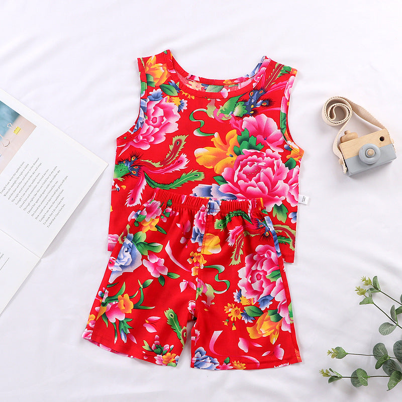 Children's Vest Suit Boys And Girls Summer Thin Cotton Silk Floral Hanging