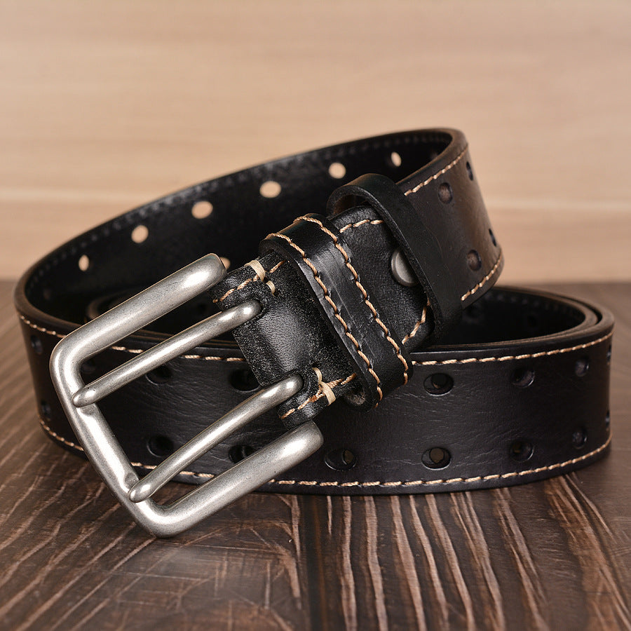Double Pin Buckle First Layer Cowhide Belt Fashion Belt Men's Cowhide Belt Men's Casual Jeans Strap