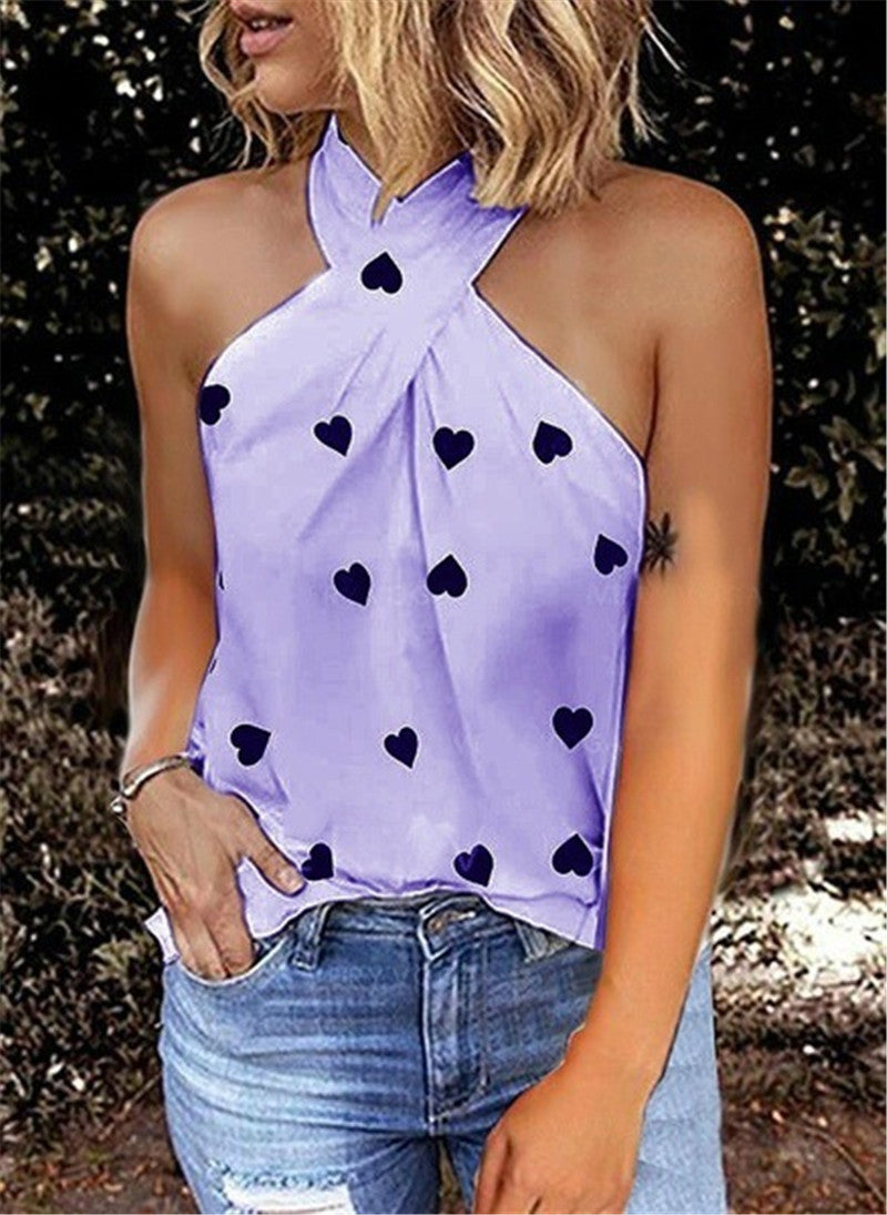 Casual Slim Back Zipper Halter Print Sleeveless Splicing Top
