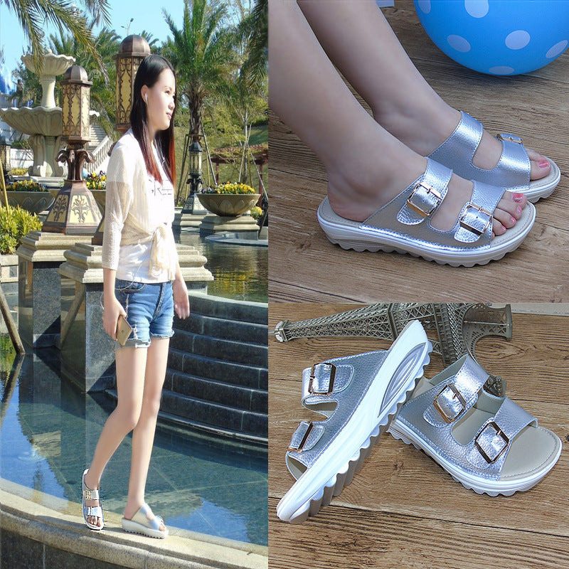 The 2021 summer new leather slope with thick soles muffin with leisure shoes sandals slippers shoes shake