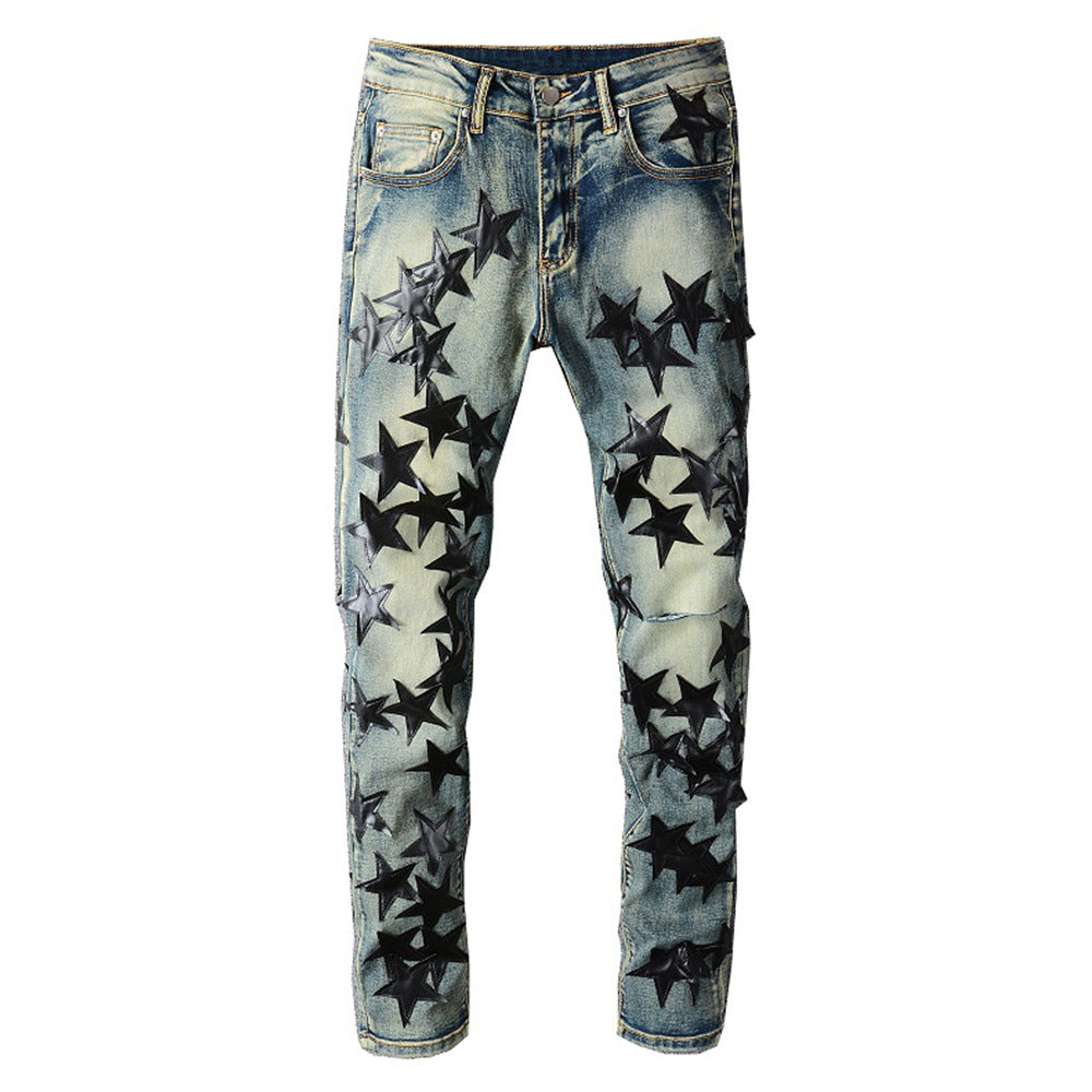 Five-pointed Star Jeans Trendy Men's Slim Feet Pants
