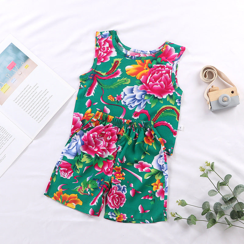 Children's Vest Suit Boys And Girls Summer Thin Cotton Silk Floral Hanging