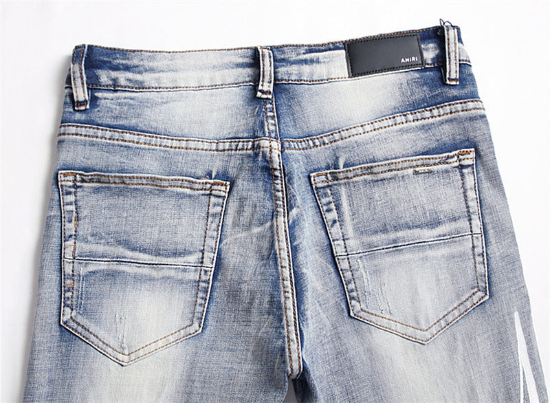 Men's Embroidery Hole Patch Stretch Slim Jeans