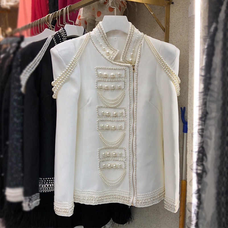 Temperament Court Style Slim Slimming Suit Female Pearl Handmade Beading Retro Jacket