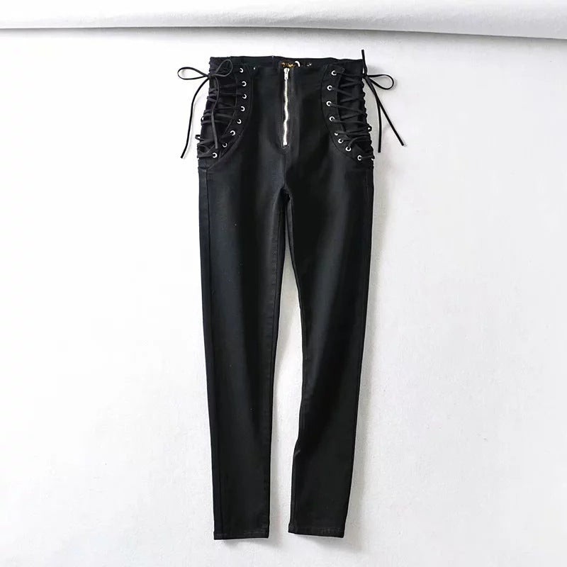 High waist stretch denim trousers skinny pants