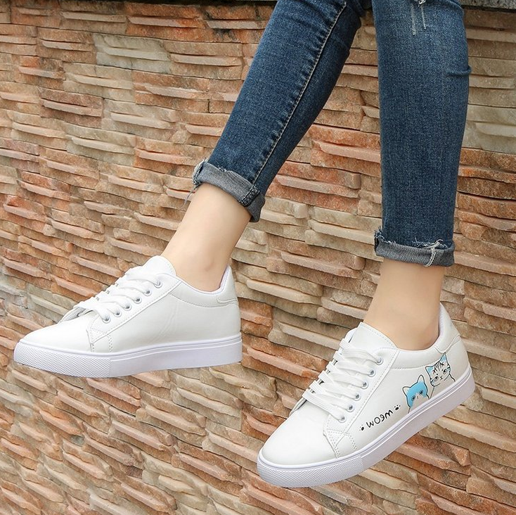 Printed casual shoes women's pu shoes cute cat 2021 new fashion lace women's white sports shoes women's casual shoes