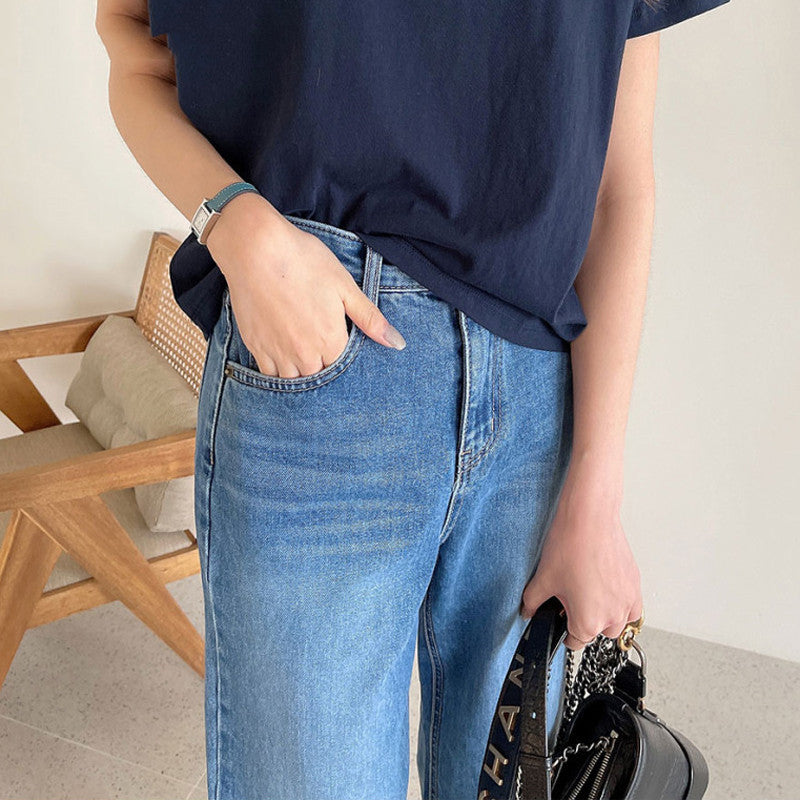 Korean Style Commuter All-match Rolled-up Casual Jeans High Waist Slim Straight Leg Pants Women
