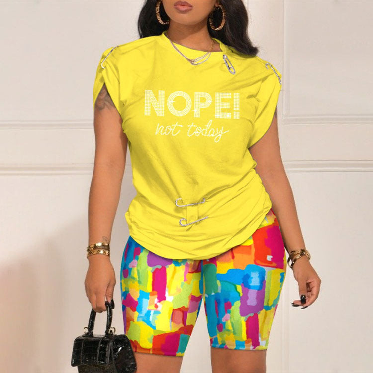 Ladies Letter Print Short Sleeve Top Shorts Set