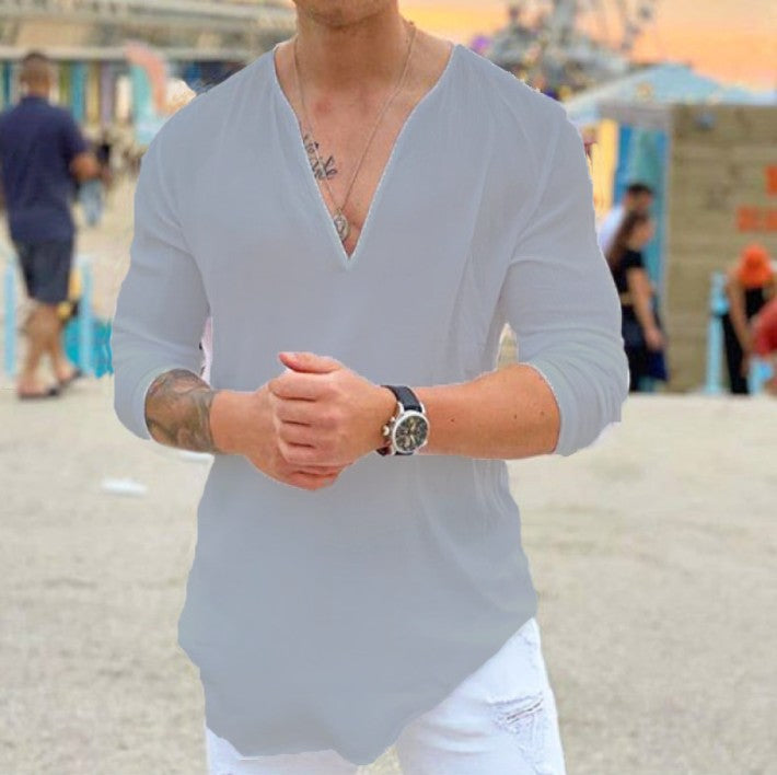 Pure Color Youth Collarless Long Sleeved Casual Slim Fit Top T Shirt